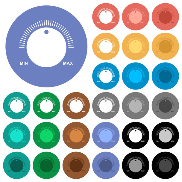 Control de volumen con subtítulos de iconos planos multicolores en fondos redondos. Incluye variaciones de iconos blancos, claros y oscuros para efectos de flotación y estado activo, y tonos de bonificación
. - Vector, Imagen