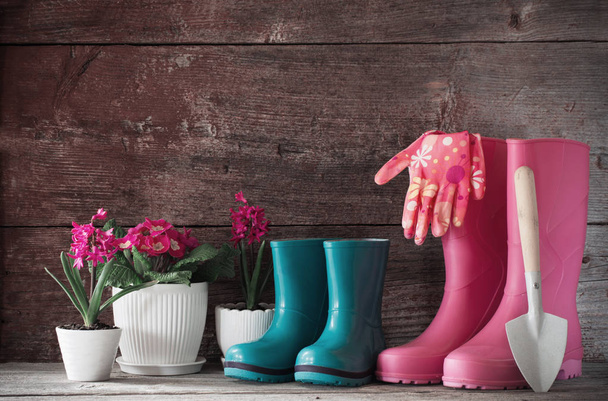 rubber boots and spring flowers on wooden background - Photo, image