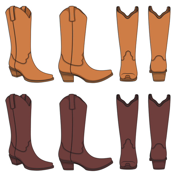Set of color illustrations with cowboy boots. Isolated vector objects on white background. - Wektor, obraz
