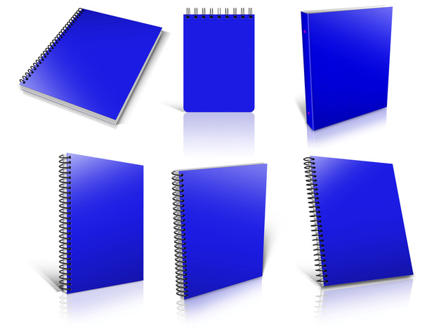 Seis bloc de notas en blanco espiral azul sobre blanco
. - Foto, imagen