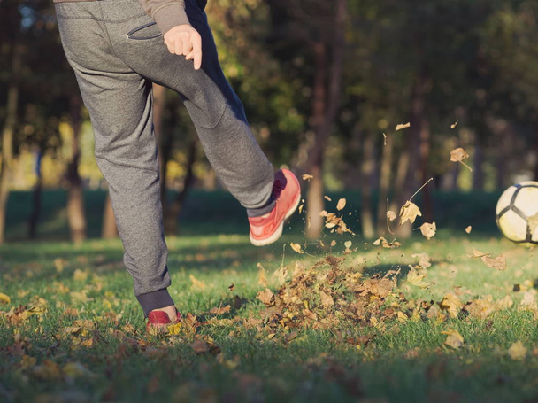 Soccer Player Kicking Football in the Park on a Sunny Autumn Day - Foto, imagen