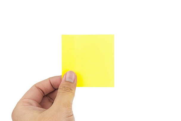 hombre humano manos sosteniendo notas pegajosas papel concepto creativo sobre fondo blanco con camino de recorte
 - Foto, imagen