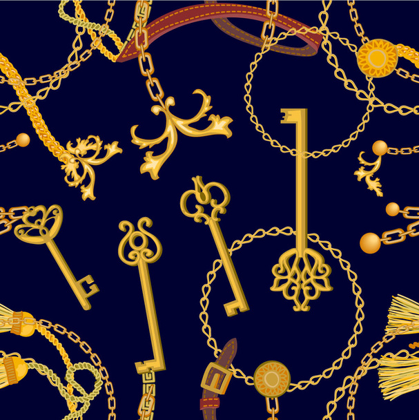 Baroque print with chains, straps and keys. - Vector, Imagen