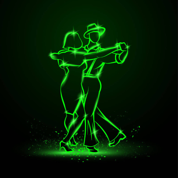 Paar tanzt Foxtrott. Vektor grüne Neon-Illustration. - Vektor, Bild