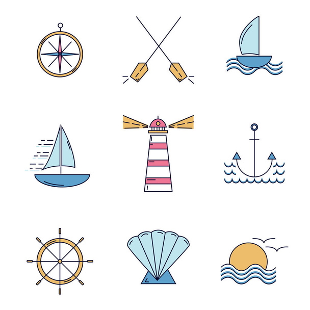 Океан путешествия тонкие линии иконки в цвете
 - Вектор,изображение