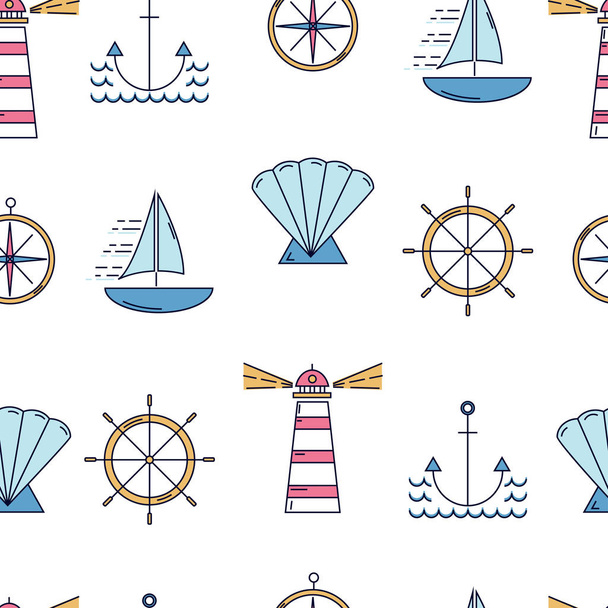 Nautical seamless pattern with linear style elemtns. - Вектор,изображение
