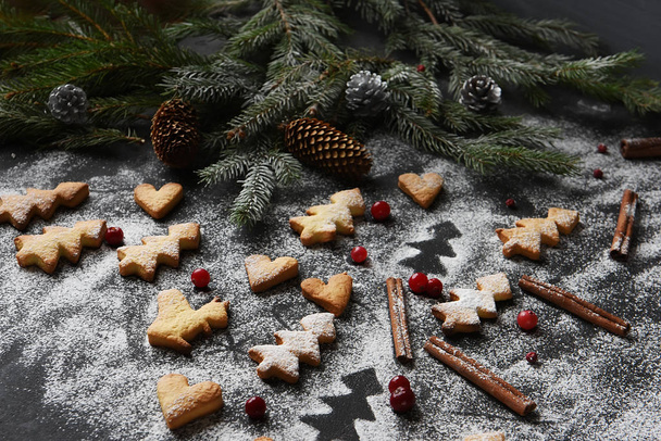 Homemade cookies and sprigs of Christmas trees on a dark background.Flat lay with bright christmas decoration. New year celebration and christmas concept - Foto, Imagem