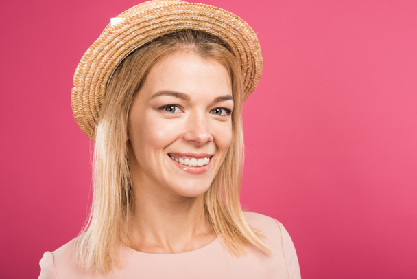 beautiful girl in straw hat, isolated on pink - Foto, Imagem