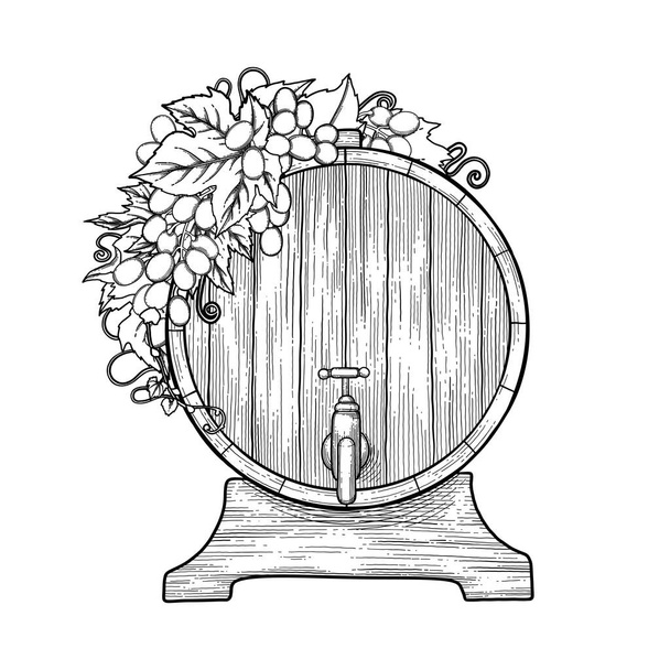 Бочка с графическим вином, украшенная гроздьями винограда и листьев
. - Вектор,изображение
