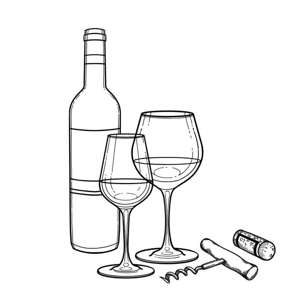 Dos copas de acuarela de vino, botella, corcho y sacacorchos
 - Vector, Imagen