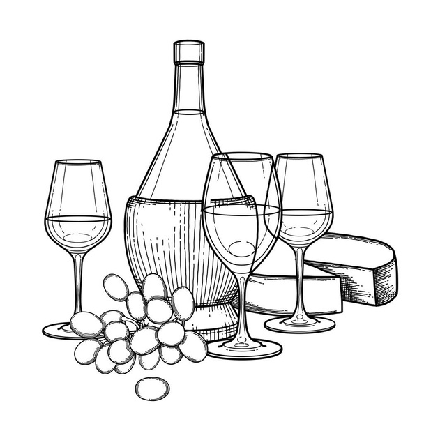 Trois verres aquarelle de vin, bouteille, raisin et fromage
. - Vecteur, image