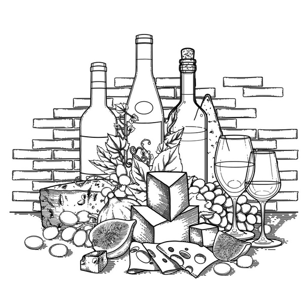 Graafinen viini lasit ja pullot koristeltu herkullista ruokaa
 - Vektori, kuva
