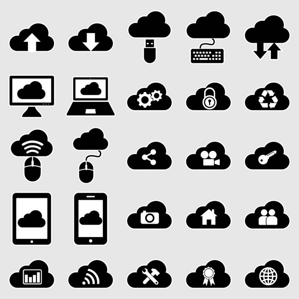 Vector set collection of 25 cloud computing related flat style black icons isolated on white background - Vector, Image