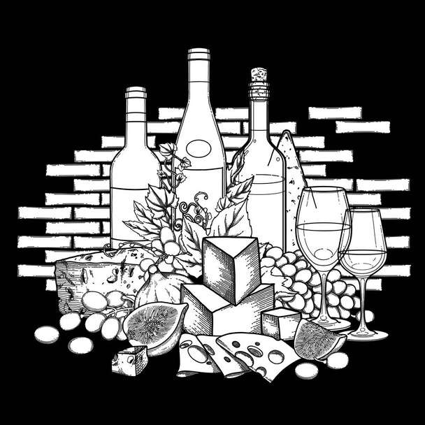 grafische Weingläser und Flaschen mit leckerem Essen dekoriert - Vektor, Bild