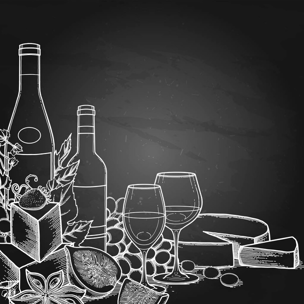 Графические бокалы и бутылки, украшенные вкусной едой
 - Вектор,изображение