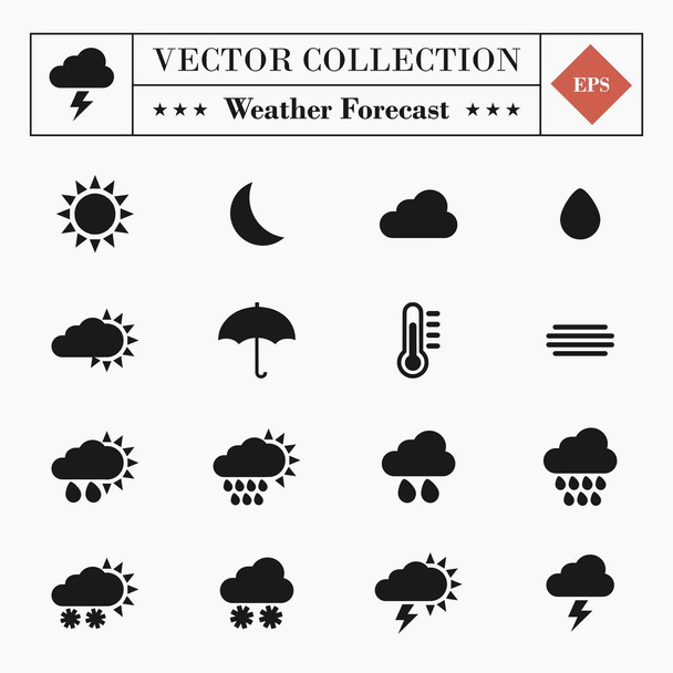 Векторный набор из 16 простых и современных значков прогноза погоды, выделенных на белом фоне
 - Вектор,изображение