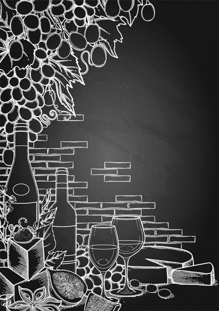 Grafické sklenice na víno a láhve zdobené výborné jídlo - Vektor, obrázek