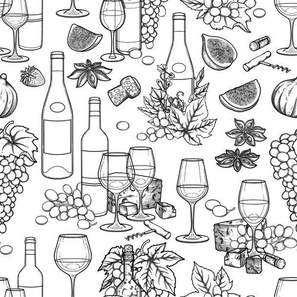 Graphic wine glasses and bottles decorated with delicious food - Wektor, obraz