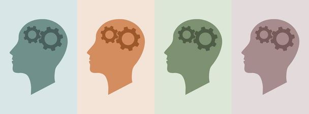 Vector simple and flat illustration of working gears inside a person head representing the concept of psychology, idea related and mental potential  - Vector, Image