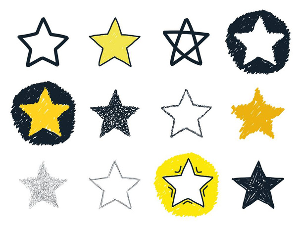Vector collection of 12 hand drawn stars isolated on white background - Vector, Image