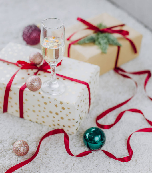 Christmas items set gifts boxes with ribbons New Year ball - Valokuva, kuva