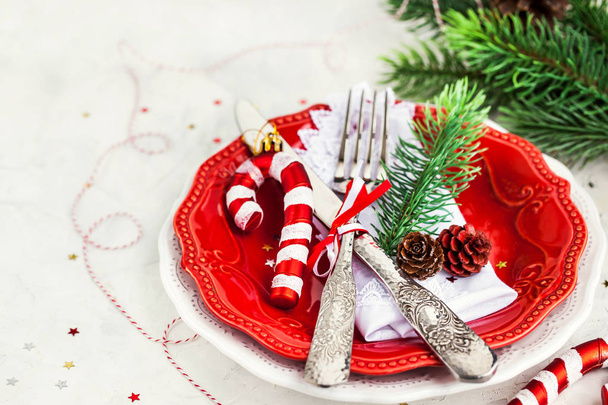 Christmas table place setting, Holiday background, copy space - Photo, Image