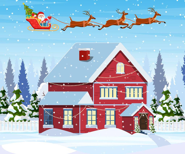σπίτι στο χιονισμένο τοπίο των Χριστουγέννων - Διάνυσμα, εικόνα