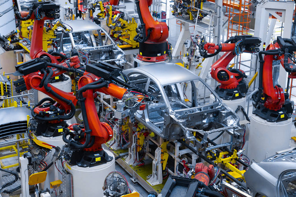 Otomotiv üretim hattı. Araba vücut kaynak. Modern araç montaj fabrikası - Fotoğraf, Görsel