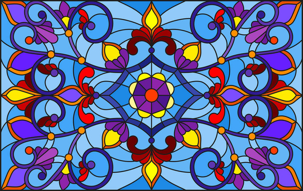 Illusztráció festett üveg stílusban, absztrakt örvényekkel, virágokkal és levelekkel kék alapon, vízszintes tájolással - Vektor, kép