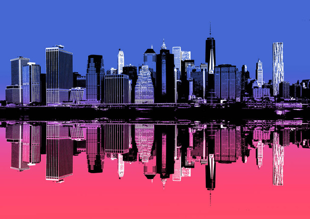 マンハッタンの抽象的なイメージ。光が反射して朝ニューヨーク市のスカイライン パノラマ。現代アート、ポスター風にピンクとブルーの - 写真・画像