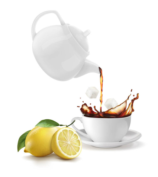 A teapot with a cup of lemon tea. Vector illustration on white background. - Vector, Image