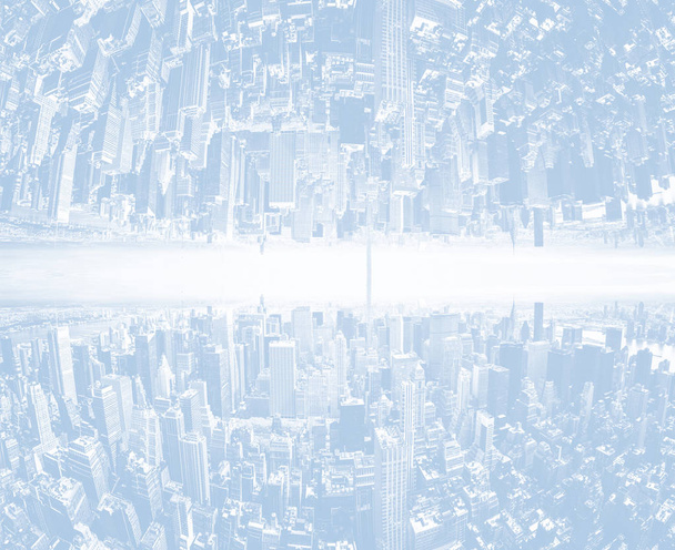 ミッドタウン ・ マンハッタンのパノラマの抽象的なイメージ。光の青の色調の画像。ダブル ミラー構成 - 写真・画像