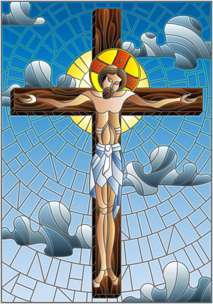 Illustration in Glasmalerei zum biblischen Thema, Jesuschrist am Kreuz gegen den bewölkten Himmel und die Sonne - Vektor, Bild