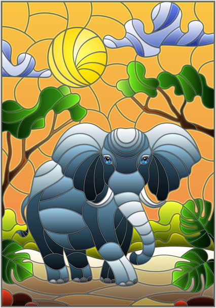 Ilustración en estilo vidriera con lindo elefante gris sobre el fondo de árboles verdes de cielo nublado y sol
 - Vector, Imagen