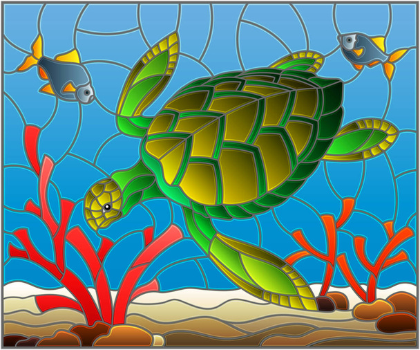 Ábra ólomüveg stílusosan a tengerfenék háttérben with alga, tengeri teknős, halak és a kövek - Vektor, kép