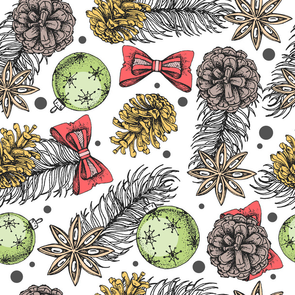 Christmas holiday hand drawing seamless pattern. Christmas attributes background - Διάνυσμα, εικόνα