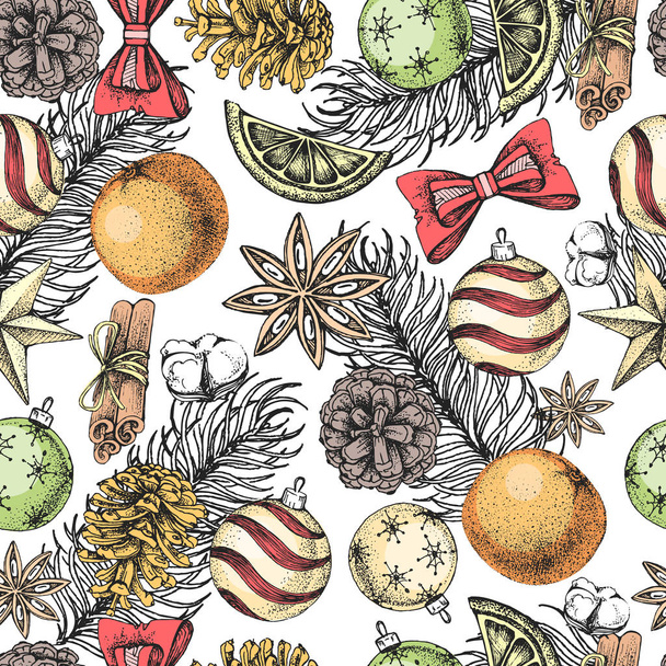 Christmas holiday hand drawing seamless pattern. Christmas attributes background - Vektör, Görsel
