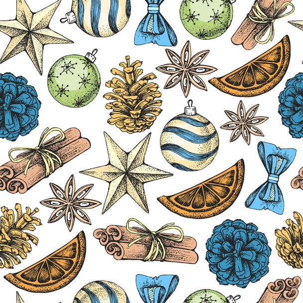Christmas holiday hand drawing seamless pattern. Christmas attributes background - Вектор, зображення