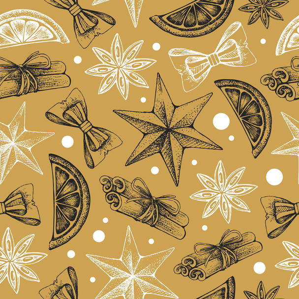 Christmas holiday hand drawing seamless pattern. Christmas attributes background - Vector, afbeelding