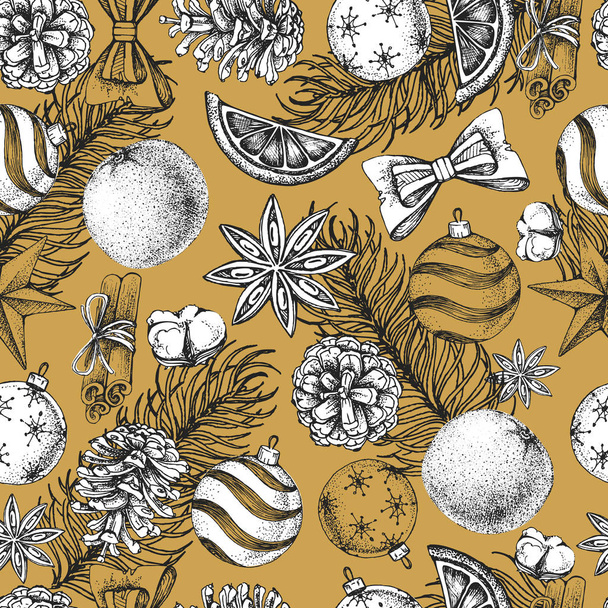 Christmas holiday hand drawing seamless pattern. Christmas attributes background - Vettoriali, immagini