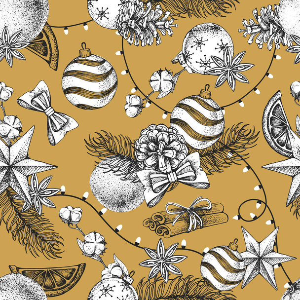 Christmas holiday hand drawing seamless pattern. Christmas attributes background - Вектор,изображение