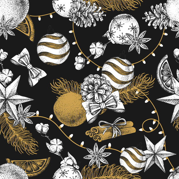 Christmas holiday hand drawing seamless pattern. Christmas attributes background - Διάνυσμα, εικόνα
