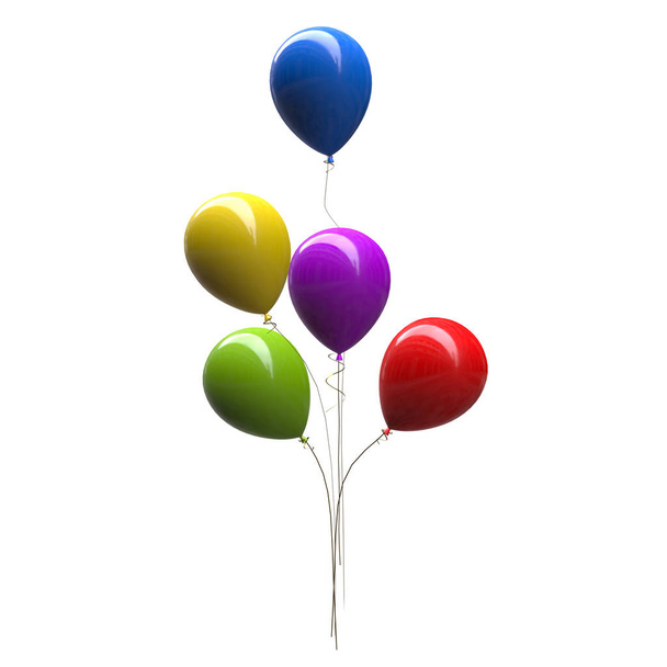 Ballons Set: roter Ballon, gelber Ballon, grüner Ballon, violette und blaue Ballons 3D-Rendering isoliert auf weißem Hintergrund - Foto, Bild