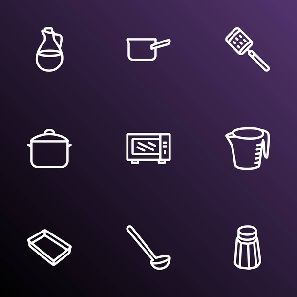 Instrument icons line style set with casserole, microwave, measuring cup and other cake tray elements. Isolated vector illustration instrument icons. - Vector, Image
