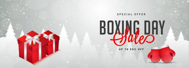 Website header or banner design with illustration of gift boxes, boxing gloves and 50% discount offer for Boxing Day sale. - Vektor, kép
