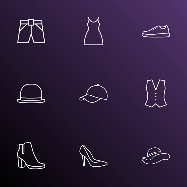 Conjunto de iconos de la línea de ropa con panama, chaleco, botas femeninas y otros elementos fedora. Iconos de ropa de ilustración aislada
. - Foto, imagen