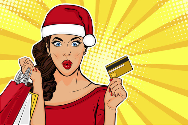 2019 cartolina di vendita di Capodanno o biglietto di auguri. WOW sexy ragazza con borse e carta di credito. Illustrazione vettoriale in stile comico retrò pop art
 - Vettoriali, immagini