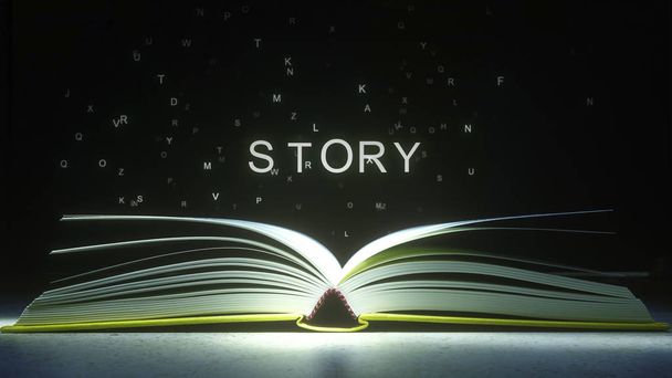 Harfler hikaye metin oluşturmak için açık bir kitap sayfalara uçmaya. 3D render - Fotoğraf, Görsel