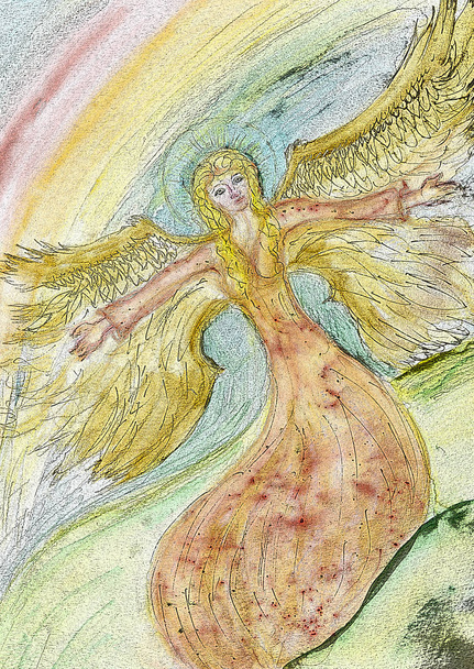 Színezett rusztikus rajza egy repülő nőnemű angyal. Közelében élek dabbing technika ad egy lágy fókusz hatására megváltozott felületi érdesség, a papír - Fotó, kép