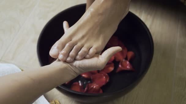 Woman washing beautiful legs in bowl. - Video